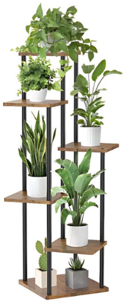 Alpha Gear - Plantenrek - Plantenstandaard - 6 delig - Zwart - Walnootkleurig - 135cm