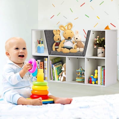 Kinderboekenkast met Kussen en 6 Vakken, Houten Kubusboekenkast met Achterwand en Opbergruimte voor Kinderspeelgoed en Boeken, Zitkussen voor Kinderleeskamer, Slaapkamer of Speelkamer, 103 x 30 x 63 cm, Wit