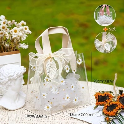 1 panier cadeau en PVC sur le thème de la marguerite avec des accents de feuilles, joli sac cadeau de fête de vacances pour Noël, Halloween, Thanksgiving S beige