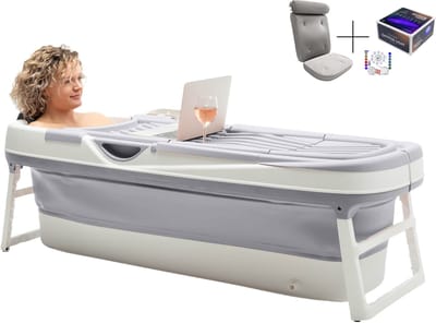 HelloBath® Opvouwbaar bad - XXL Goliath - Steel Grey - 157cm - Inklapbaar bad - Zitbad voor volwassenen - Bath Bucket - Extra: Badkussen, Badlamp & Opbergtas