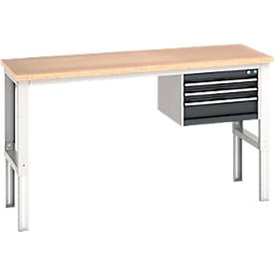 Bott cubio werkbank, handmatig in hoogte verstelbaar, beuken multiplex blad, B 2000 x H 740-1140 mm, draagvermogen 600 kg, 3 laden, antraciet/lichtgrijs RAL 7035