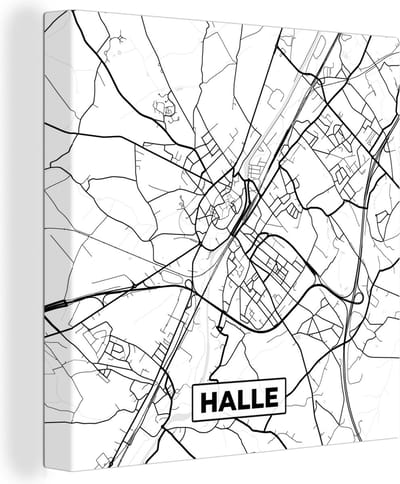 Canvas Schilderij Zwart Wit – België – Plattegrond – Stadskaart – Kaart – Halle - 20x20 cm - Wanddecoratie