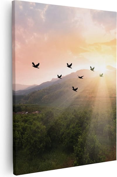 Artaza Canvas Schilderij Vogels - 80x100 cm - Groot - Wanddecoratie Zonsondergang - Muurdecoratie Bergen - Schilderijen Natuur