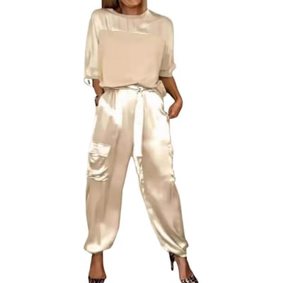 Dames Commuter Outfit Elegante Satin Dames Broekpak Set met Vetersluiting Zakken Stijlvolle O-hals Top Broek voor Casual Draag B Praktisch Gebruik M
