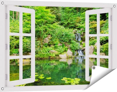 Gards Tuinposter Doorkijk Panorama van Japanse Tuin - 90x60 cm - Tuindoek - Tuindecoratie - Wanddecoratie buiten - Tuinschilderij