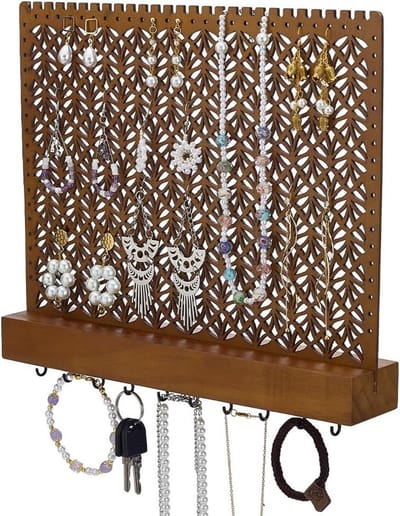 Wandgemonteerde Sieraden Opknoping Rekken Saddle Bruin - Sieraden Houder met Hangerhaken - Houten Muur Opknoping Sieraden Organizer voor Oorbellen, Armbanden, Kettingen