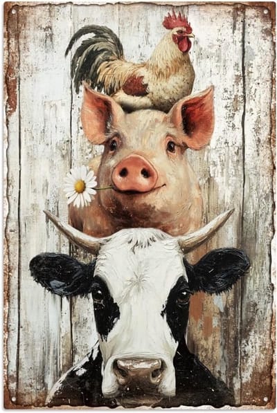 Retro Blikbord met Varkens, Koeien en Kip - 20x29cm Boerderij Dieren Wanddecoratie voor Thuis en Tuin, Grappige Posters voor Landhuis en Cadeaus