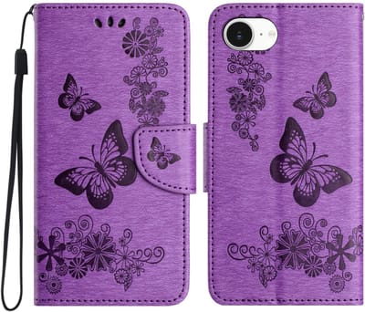 PU BookCover Hoes Etui geschikt voor Apple iPhone 16e - iPhone 17e - Vlinders - Paars