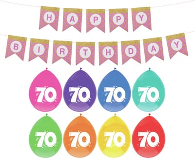 Haza Verjaardag 70 jaar geworden versiering - 16x thema ballonnen/1x Happy Birthday slinger 300 cm