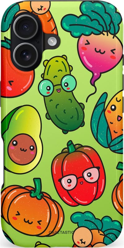 Casetastic hoesje geschikt voor Apple iPhone 17 - MagSafe - Dubbellaagse bescherming - Cartoon Groente Mix - Fashion Case - Olijfgroen Goud Oranje Rood