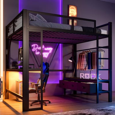 YEHTOKHOME 140x200 cm Metalen Hoogslaper met Opbergruimte - met Bureau - LED-verlichting - USB en stopcontact - Drie stoffen lades - Open kledingkast - Zonder matras - Zwart