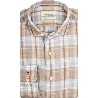 Thomas Maine Overhemd Roma Linnen Big Check Modern Kent Blauw-Beige / male