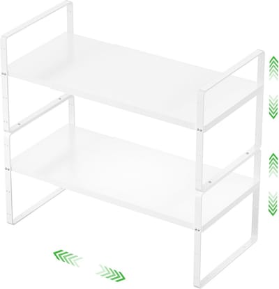 Uitbreidbaar Opslag Plank Stapelbaar Organizer Rack voor Keuken en Badkamer - Heavy Duty Antislip Wit - 2 PACK