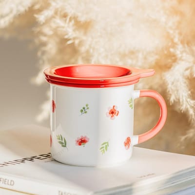 Pastorale Keramische Kop met Deksel Leuke Mok Kantoor Koffiekop Cadeaukop Ontbijtkop Studenten Waterbeker Thuisgebruik 301-400ml beige