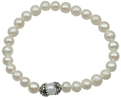 Zoetwater parel armband Bling Rice Pearl - echte parels - wit - zwart - stras stenen - glitter - elastisch - zoetwaterparel - wit parel armband - elastisch parel armband - zoetwaterparel - sieraden doosje