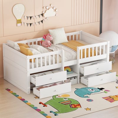 DESMIU Halfhoog Bed 90x200cm Kinderbed Met 4 Lades En Veiligheidshekje En Ladder Praktische Opbergruimte Voor Jeugd Slaapkamer Grenen Wit Zonder Matras