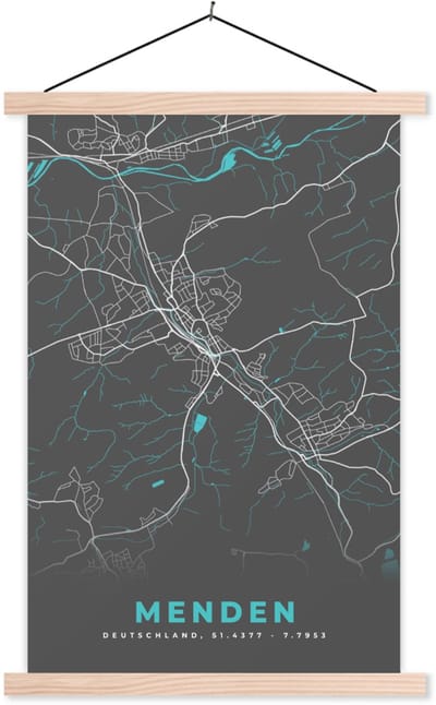 Posterhanger incl. Poster 40x60 cm - Schoolplaat - Duitsland – Blauw – Menden – Stadskaart – Kaart – Plattegrond - Textielposter - Blanke latten - Stadskaart