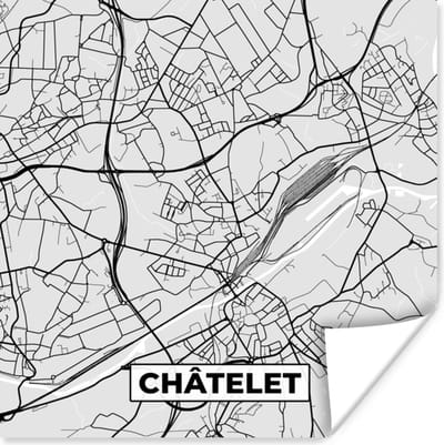 Poster Zwart Wit – België – Plattegrond – Stadskaart – Kaart – Châtelet - 100x100 cm XXL