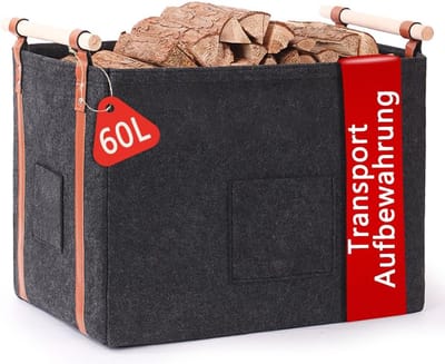 Brandhoutmand - Vilt Tas - Haardhout Opslag - Dubbele Houten Handvatten - 60 Liter - Donkergrijs