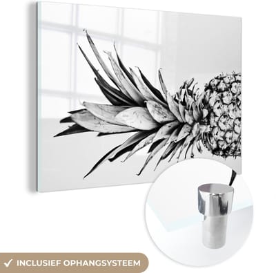® Glasschilderij 180x120 cm - Schilderij acrylglas - Ananas - Fruit - Zwart - Wit - Foto op glas - Muurdecoratie woonkamer - Wanddecoratie slaapkamer - Schilderijen