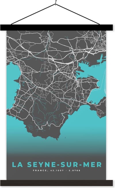 Posterhanger incl. Poster 40x60 cm - Schoolplaat - Plattegrond - La Seyne-sur-mer - Frankrijk - Kaart - Stadskaart - Textielposter - Zwarte latten - Stadskaart