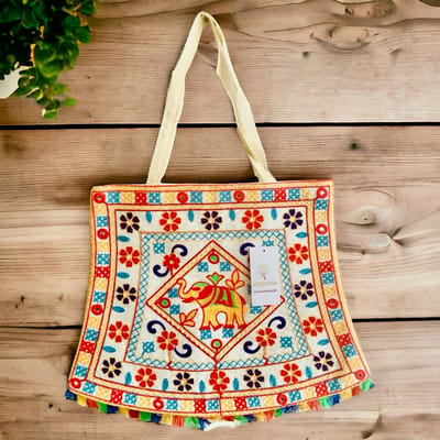 Schoudertas - Vedantan - Damestas - 35 x 40 cm - Katoen - kleurrijk borduurwerk - picknicktas - Leuke Strandtas - Klein - Schattige - Vrolijke print - Twee handvaten