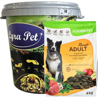 4 kg Lecker.Pet® Luna's Adult Strauß mit Kartoffel & Apfel Hundefutter Trockenfutter Vollnahrung in 30 L Tonne