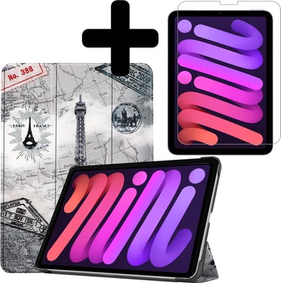 Hoesje - Geschikt voor Apple iPad Mini 6 (2021) - 8.3 inch - 6e Generatie - Met Screenprotector - Hardcover Book Case - Trifold Bookcase Hoes - Hard Cover - Tablethoes - Eiffeltoren