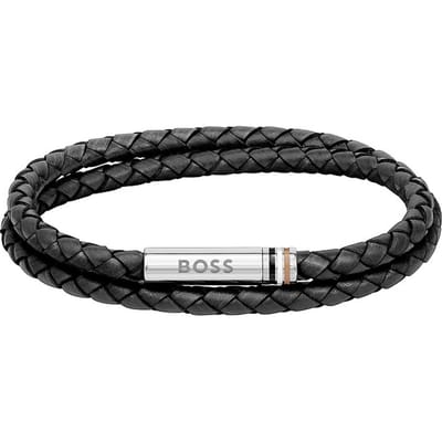 BOSS HBJ1580489M ARES Heren Armband - Gevlochten armband - Sieraad - Leer - Zwart - 5 mm breed - 19 cm lang