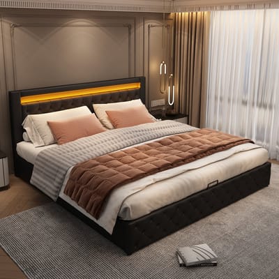 Gestoffeerd Bed met LED-verlichting - 140 x 200 cm - Tweepersoonsbed - Opbergbed met Opbergruimte - Zonder matras - Zwart