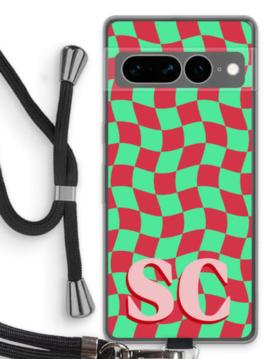 Gepersonaliseerd - Case Company® - Hoesje met koord geschikt voor Google Pixel 7 Pro hoesje met Koord - Grid Monogram - Telefoonhoesje met Zwart Koord - Bescherming aan alle Kanten en Over de Schermrand