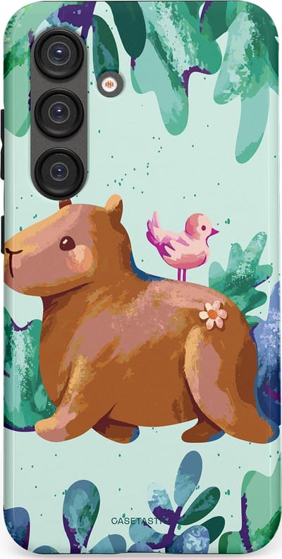Casetastic Hoesje Geschikt voor Samsung S25 - Stijlvolle Beschermende Duo-layer Case - Capibara Vogeltjes Vriend