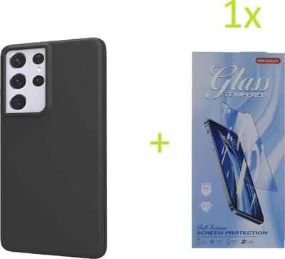 Soft Back Cover Hoesje Geschikt voor: Samsung Galaxy S21 Ultra TPU Silicone rubberen + 1x Tempered screenprotector - zwart