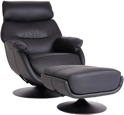 Relaxfauteuil met voetenbank MCW-K99, tv-fauteuil, kantelfunctie, draaibaar, metaal, echt leer/kunstleer ~ zwart