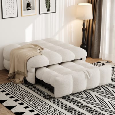 MIVRAY Poefbed 183x76x42 cm - 2-in-1 Uitschuifbaar Slaapfauteuil Zonder Matras - Voor Woonkamer Slaapkamer Balkon - Teddy - Beige