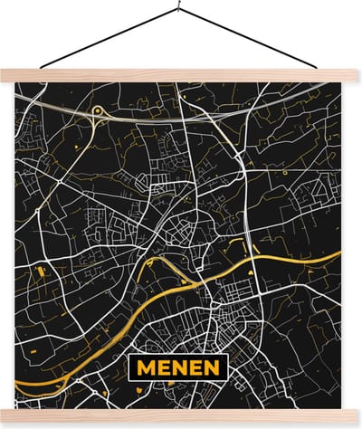 Posterhanger incl. Poster 40x40 cm - Schoolplaat - Menen - Plattegrond - Goud - Stadskaart - Kaart - Textielposter - Blanke latten - Stadskaart