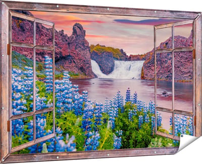 Gards Tuinposter Doorkijk Waterval met Blauwe Lupine Bloemen - 180x120 cm - Tuindoek - Tuindecoratie - Wanddecoratie buiten - Tuinschilderij