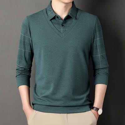 Lente en Herfst Heren Lange Mouw Fake Tweedelig T-shirt Middelbare Leeftijd Revers Casual Geruit Poloshirt Top 4XL