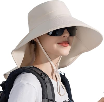 Vrouwen Zonnehoed met UV-bescherming, Nekflap en Paardenstaartopening, 12 cm Brede Rand, Ideaal voor Wandelen, Kamperen en Vissen, Maat 55-60 cm