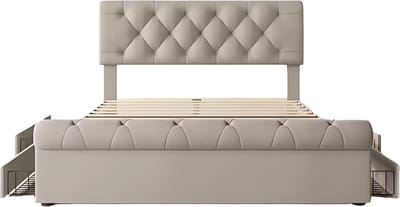 Bed - Tweepersoonsbedden - Tweepersoonsbed - Twijfelaar - Voor Slaapkamer - Functioneel Tweepersoonsbed met Chesterfield Hoofdeinde & 4 Laden - Inclusief Matras - 140x200cm