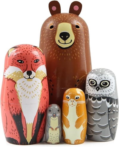 Set van 5 Schattige Dieren Houten Poppen, Inclusief Beer, Vos, Uil en Konijn, Stapelbare Speelgoed voor Kinderen, Feestdecoratie en Cadeau voor Kerst en Verjaardag