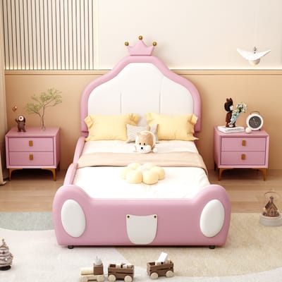 Kindbed met zachte bekleding - 90 × 200 cm - Hoofdbord met bloemenrand - Streepjesmotief in kinderstijl aan het hoofd- en voeteneinde - Tweekleurig patchworkontwerp - Kunstleer - Roze-Matras niet inbegrepen