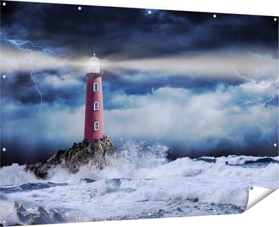 Gards Tuinposter Vuurtoren op een Storm Zee met Golfen Water - 180x120 cm - Tuindoek - Tuindecoratie - Wanddecoratie buiten - Tuinschilderij