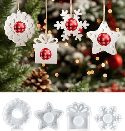 Set van 4 Siliconen Kerst Hangertjes, Gietmallen voor Bloemkransen, Sterren en Sneeuwvlokken, Creatieve Kerstdecoratie en Ambachten