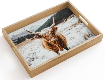 Dienblad hout 40x30 cm - Schootdienblad - Schotse Hooglander - Landschap - Sneeuw - Bergen - Winter - Borrelplank rechthoek - Plateau dienbladen