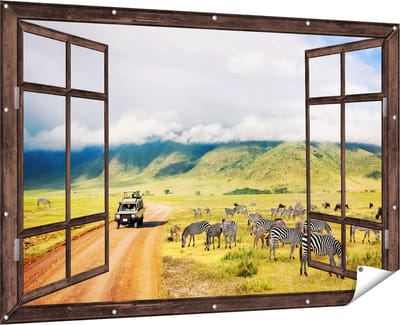 Gards Tuinposter Doorkijk Safari Auto tussen de Zebra's - 180x120 cm - Tuindoek - Tuindecoratie - Wanddecoratie buiten - Tuinschilderij