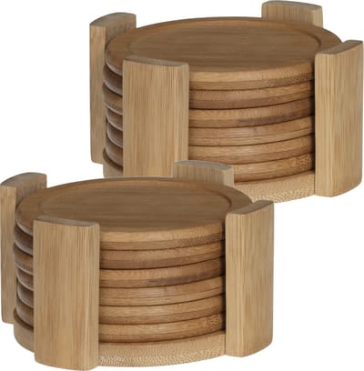Secret de Gourmet glazen Onderzetters - 12x stuks - bamboe hout - rond - D10 cm - glazenonderzetter - in houder