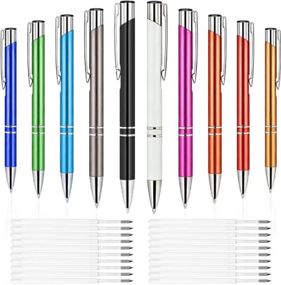 Dailygoods - DONQL 10 stuks Hoogwaardige metalen balpen met 20 navullingen, balpen in 10 kleuren, vloeiend schrijvend & comfortabele grip, elegant schrijfset voor kantoor, school en cadeau