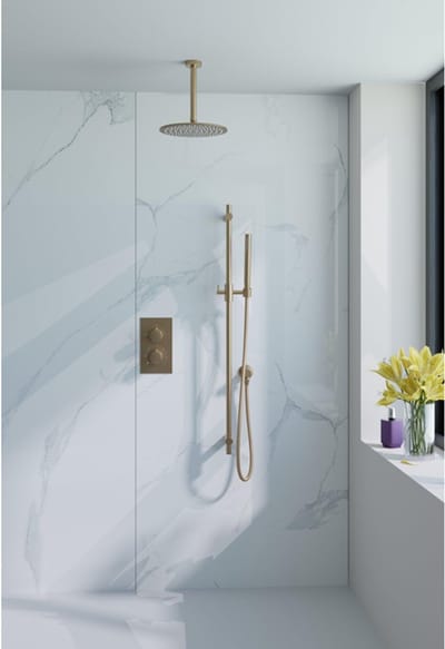 FugaFlow Eccelente Acces Inbouw Regendoucheset - thermostatisch - plafondarm - glijstang - 25cm hoofddouche - staaf handdouche - gladde doucheslang - Geborsteld Messing PVD (Goud)
