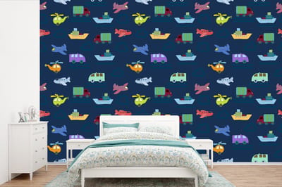 Behang - Fotobehang Patronen - Vliegtuig - Boot - Vrachtwagen - Jongetje - Jongens - Kinderen - Kids - Breedte 360 cm x hoogte 240 cm